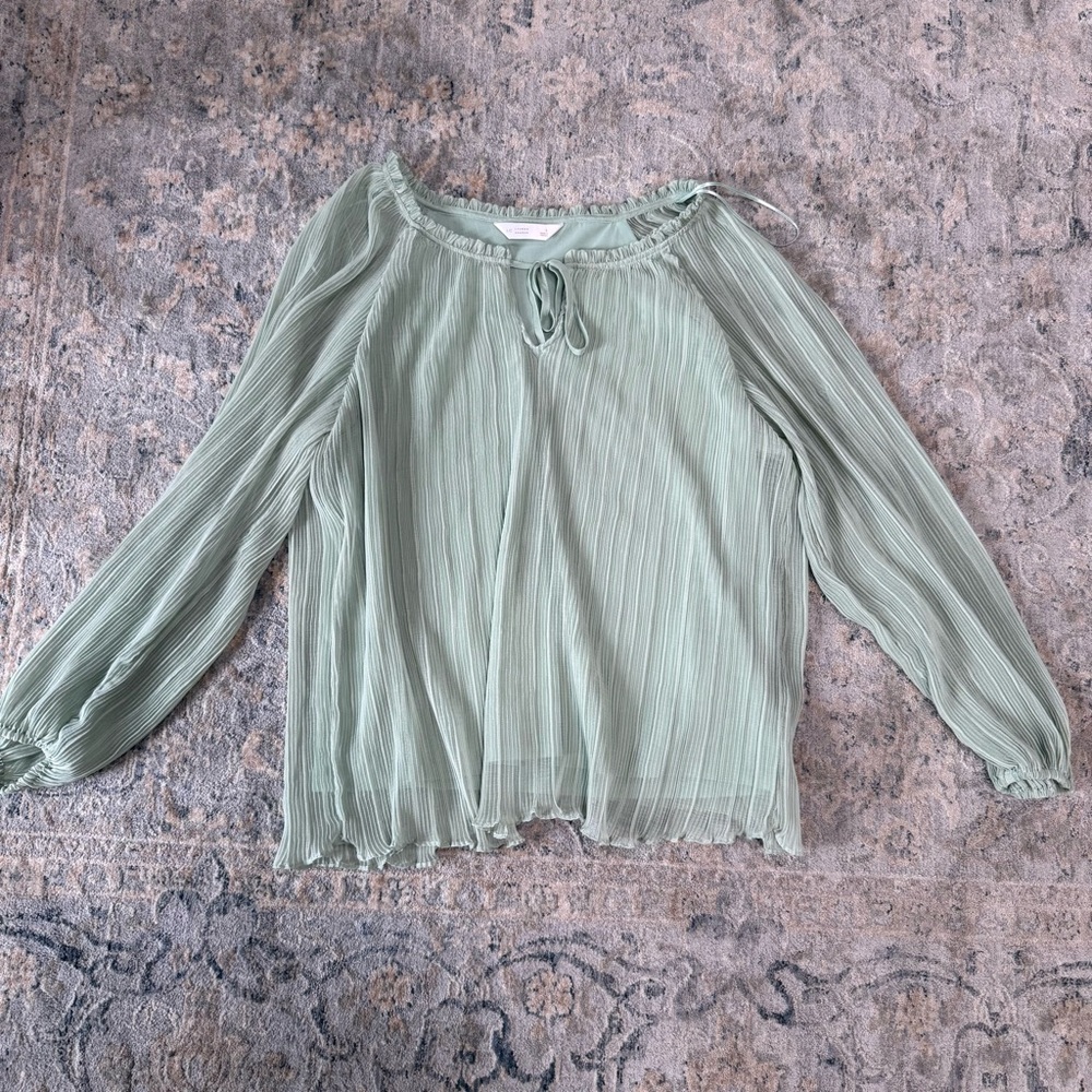 Lauren Conrad Light Green Pleated Long-Sleeve Blouse